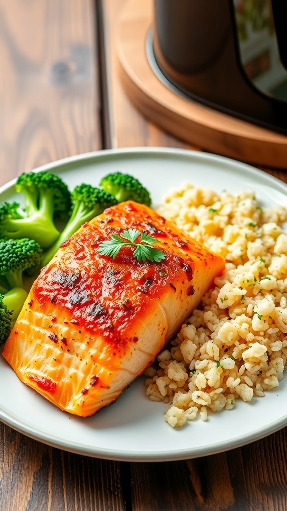 Crispy Air Fryer Salmon Meal Recipe Crispy air fryer salmon fillet garnished with parsley, served with broccoli and quinoa on a rustic table.